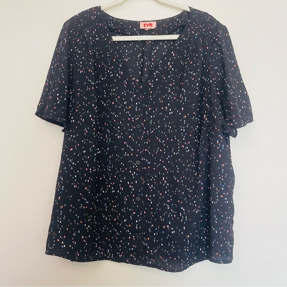 EVRI Black Speckled Multicolored Polk-A-Dot Button Down Blouse 2X